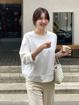 左品シリーズ｜コットン 中袖トップス｜浅めVネック ラグランスリーブ ゆったり ミントグリーン・ホワイト・ブラウン・マスタード M〜XL