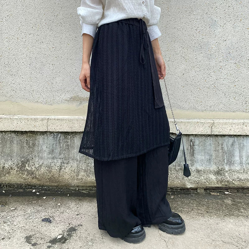 GUYIシリーズ｜レイヤード風 ワイドパンツ｜メッシュ切り替え ウエストゴム ドローコード付き ブラック フリーサイズ