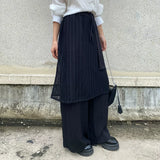 GUYIシリーズ｜レイヤード風 ワイドパンツ｜メッシュ切り替え ウエストゴム ドローコード付き ブラック フリーサイズ