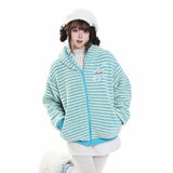 MJMTシリーズ｜うさ耳 フード付き ボーダー ボア 中綿ジャケット／ポケット付き中綿パンツ 冬 S/M/L