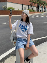 左品シリーズ｜WONDERFUL DAY・ハートロゴ プリント 半袖Tシャツ｜連肩袖 ゆったり コットン100% 全8柄 M〜XL