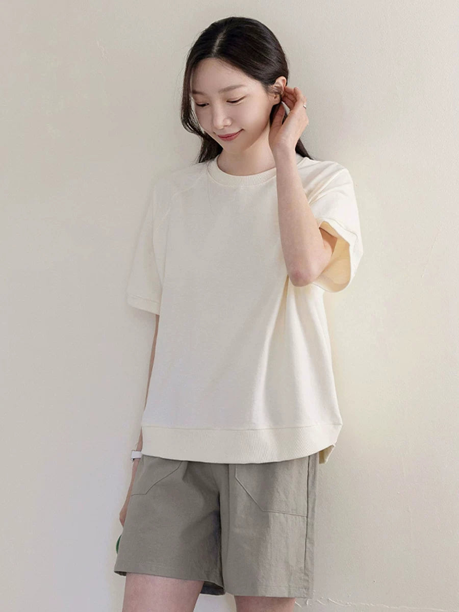 左品シリーズ｜コットン100% 半袖 ラグランスリーブ Tシャツ｜裾リブ ゆったり クリーム・ライトパープル・ブラック M〜XL