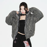 万有引力シリーズ｜ファー襟 ショート丈 ゆったり 中綿ジャケット｜ユニセックス風 ダークグレー S〜XL