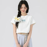 下集シリーズ｜英字ロゴ入り 正肩 半袖Tシャツ｜短め丈 コットン ヘザーグレー/ブラック/ホワイト/ベージュ S〜XL