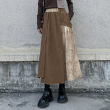 GUYIシリーズ｜パネル切り替え アシンメトリー ミディスカート｜ブラウン・ブラック Aライン フリーサイズ