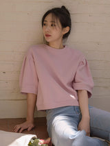 左品シリーズ｜コットン100% パフスリーブTシャツ｜ゆったり ショート丈 クリーム無地他 全3種 M〜XL