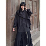 FG721シリーズ｜半高領 スカーフ風リボン付き ドレープシャツ ユニセックス ブラック・ライトグリーン S/M/L/XL