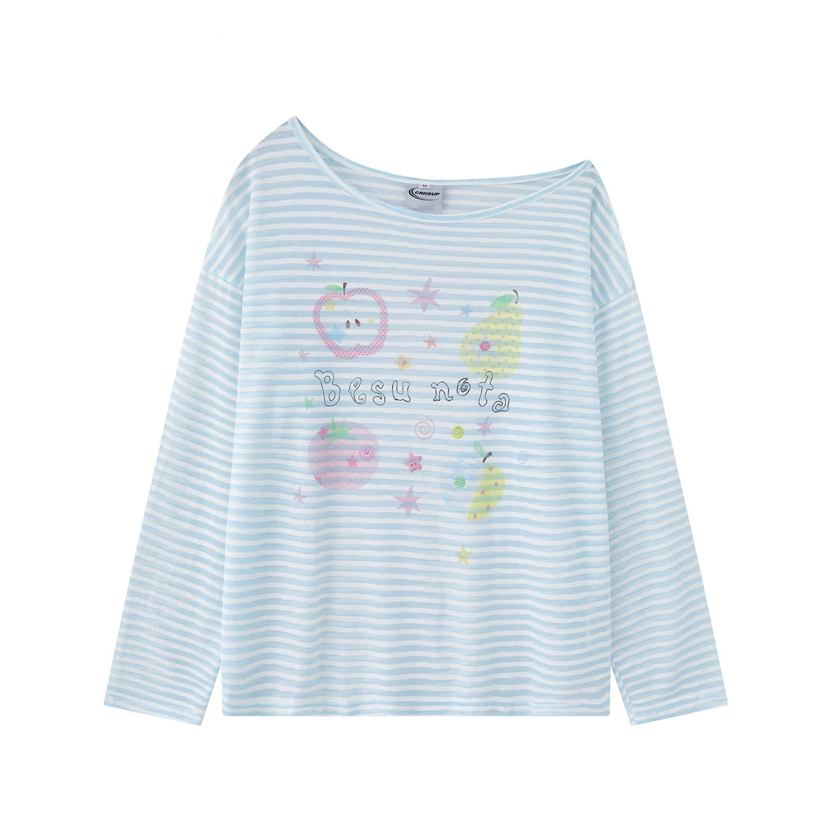 LHSENシリーズ｜フルーツ柄 ボーダー 長袖Tシャツ｜微透け ゆったり ブルー・ホワイト S〜L