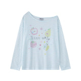LHSENシリーズ｜フルーツ柄 ボーダー 長袖Tシャツ｜微透け ゆったり ブルー・ホワイト S〜L