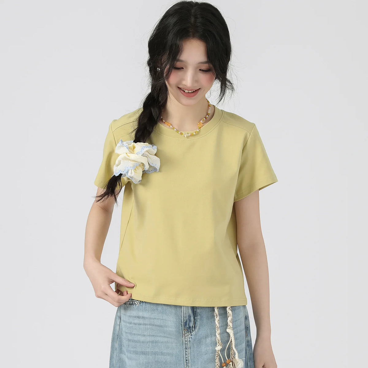 下集シリーズ｜ショート丈 半袖Tシャツ｜40番手コットンリブ 切り替えデザイン ゆったり イエロー/グリーン/ホワイト/ピンク S〜XL