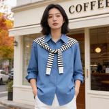不造作シリーズ｜ブルーシャツ＆ストライプショール｜綿 長袖 単品・セット S〜XL