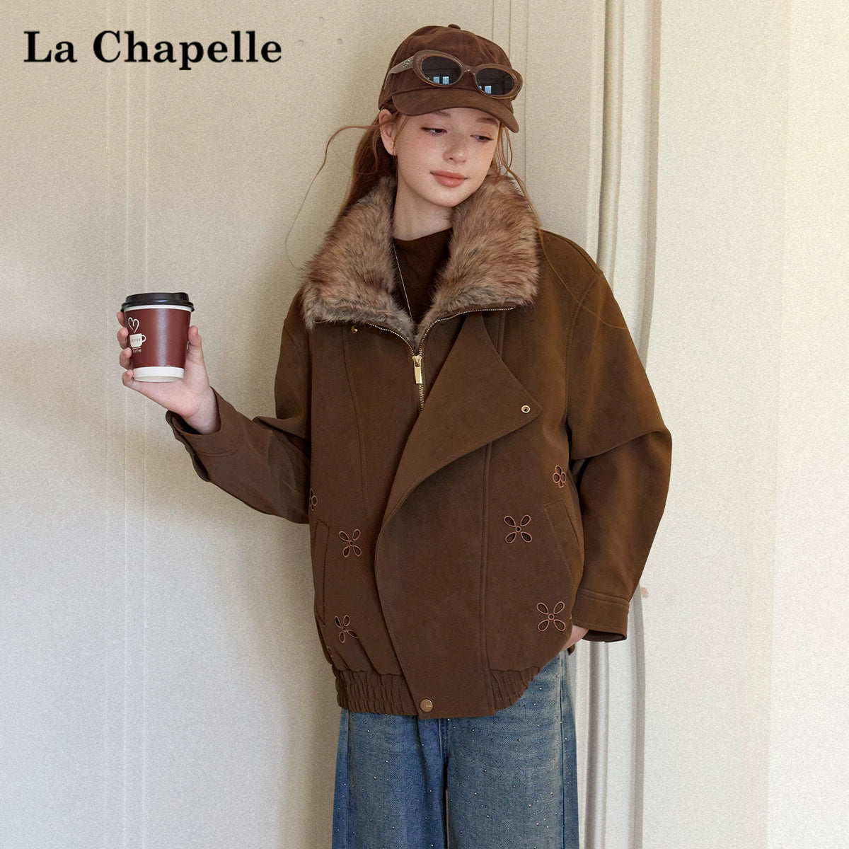 LaCシリーズ｜ファー襟 ジップジャケット｜ダークブラウン 花刺繍 裾リブ 厚手 ゆったり 微伸縮 S〜L