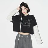 万有引力シリーズ｜フェイクレイヤード ショート丈 長袖Tシャツ｜ネコプリント ネックストラップ付き グレーコーヒー ブラック S〜L