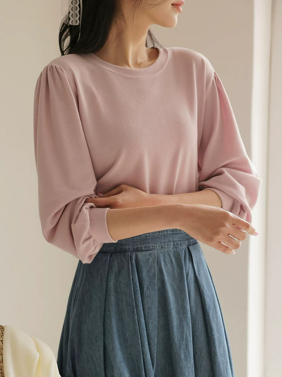 左品シリーズ｜パフスリーブ コットン100% 長袖Tシャツ｜ゆったり クルーネック 袖口ギャザー くすみピンク・ホワイト M〜XL