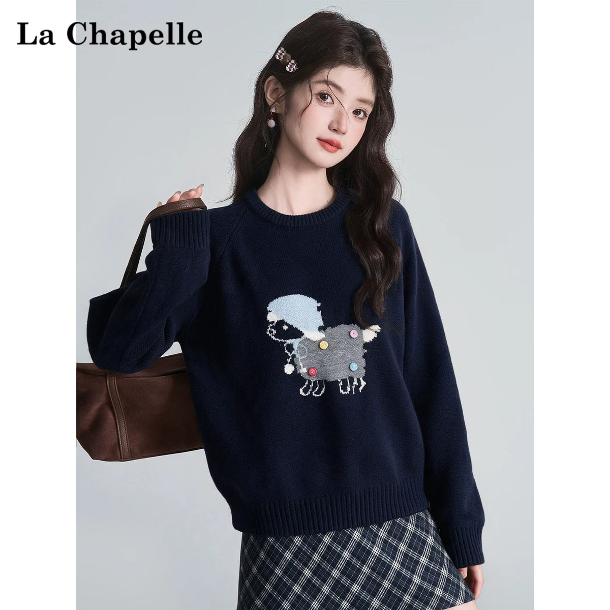 LaCシリーズ｜小羊ジャカード クルーネックニット｜ネイビー ラグランスリーブ ゆったり S〜L