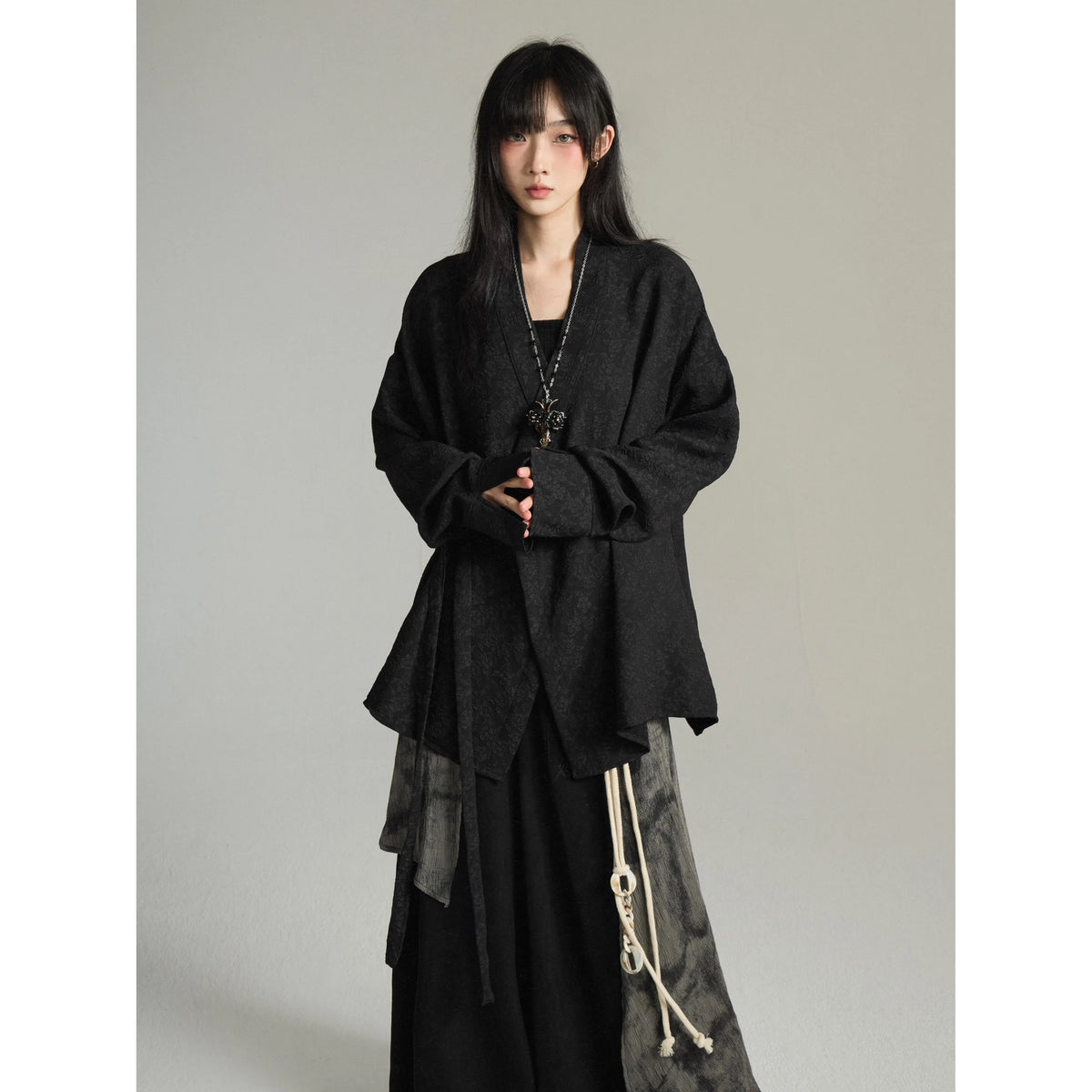FG721シリーズ｜ブラック 新中式 合わせ襟 ロングスリーブシャツ ひも付き ユニセックス M/L/XL