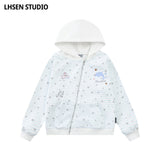 LHSENシリーズ｜星柄 ボーダー 斜めジップ フード付きパーカー｜缶バッジ風パーツ ブルー・ピンク S〜XL
