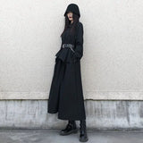 GUYIシリーズ｜アシンメトリー 重ね着風 ロングシャツワンピース｜ブラック 長袖 半袖 ベルト付き選択可