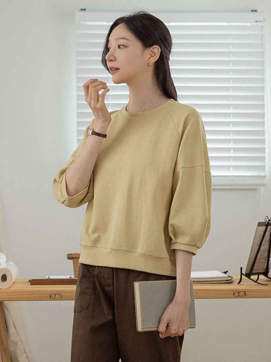 左品シリーズ｜コットン 五分袖 パフスリーブ Tシャツ｜ゆったり ドロップショルダー 裾リブ 7色 M〜XL