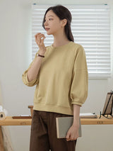 左品シリーズ｜コットン 五分袖 パフスリーブ Tシャツ｜ゆったり ドロップショルダー 裾リブ 7色 M〜XL