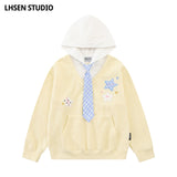 LHSENシリーズ｜フード付き フェイクレイヤード Vネック プルオーバー｜ギンガムネクタイ 星パッチ ブルー・イエロー S〜XL