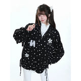 MJMTシリーズ｜スター柄 ジップアップ ジャケット 秋 裾ドローコード ゆったり ライトブルー/ブラック S/M/L/XL