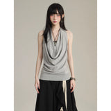 FG721シリーズ｜ドレープネック ホルタートップス フリルワイドパンツ セットアップ グレー・ブラック M/L/XL