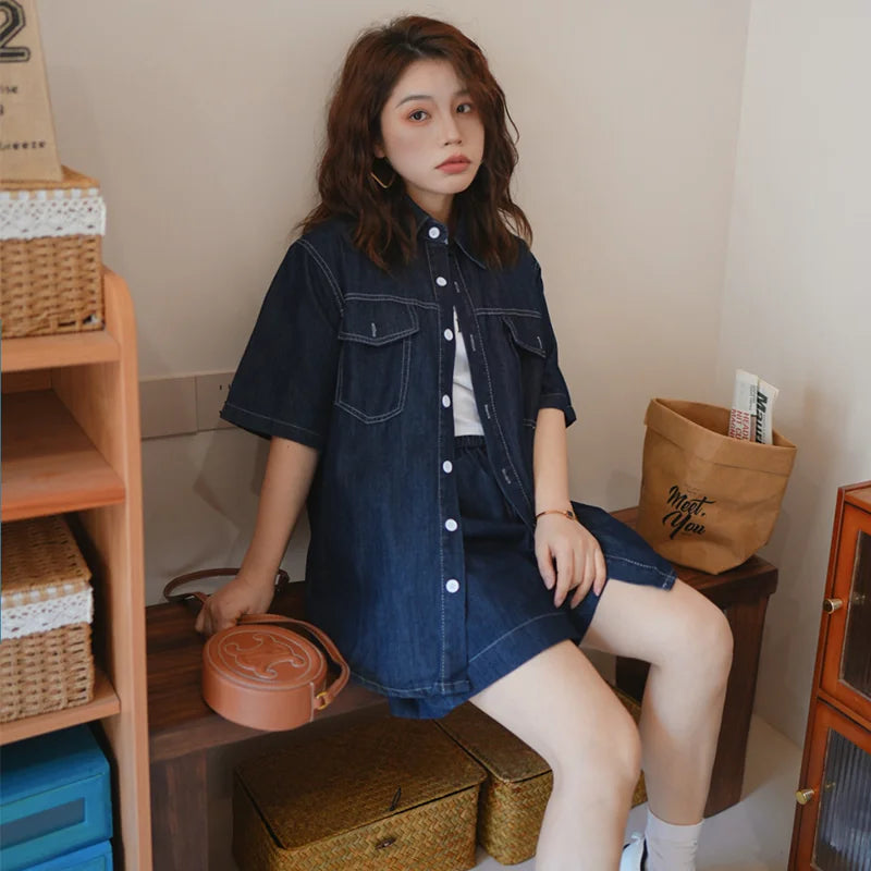 陽光蘿莎シリーズ｜デニムシャツ＆ショートパンツ 2点セット｜半袖 ゆったり ダークブルー S〜XL