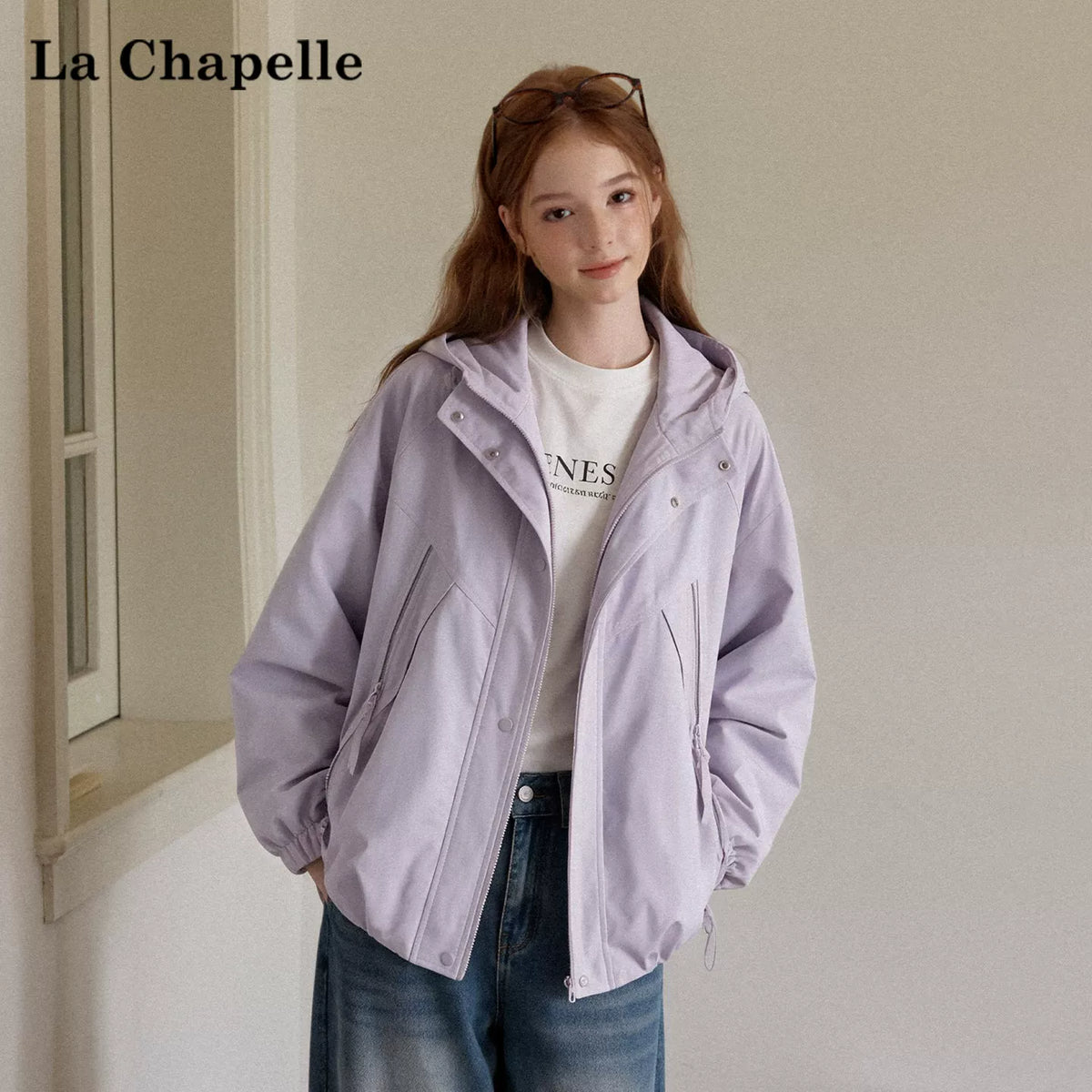 LaCシリーズ｜フード付き ドローコード ショートジャケット｜ラベンダーパープル スタンドカラー ゆったり S〜L