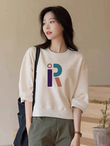 左品シリーズ｜コットン 七分袖 ショート丈 プリントTシャツ｜クマのイラスト・クリーム M〜XL（8柄から選べる）
