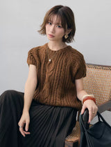HANSUシリーズ｜ケーブル編み クルーネック 半袖ニット｜フレンチスリーブ風 ダークグレー・ブラウン・アイボリー フリーサイズ