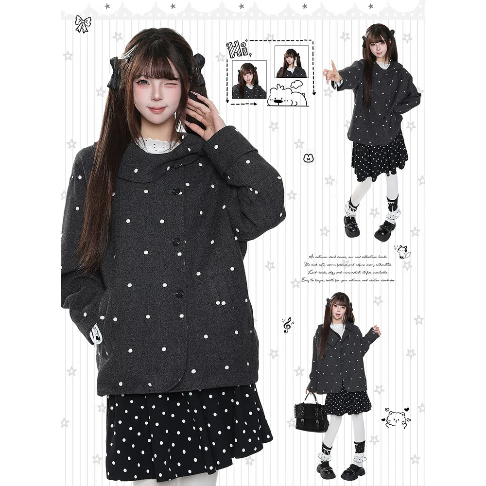 MJMTシリーズ｜ドット柄 ウールライク コート 襟付き シングルボタン ブラック 秋冬 S/M/L