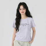 下集シリーズ｜サイドシャーリング 英字プリント 半袖Tシャツ｜リブ編み 短め丈 スリム ホワイト/パープル/ライトグレーブルー S〜XL