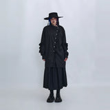 隠覓シリーズ｜斜め前立てのフリルロングシャツ｜袖フリル ドロップショルダー ゆったり ブラック フリーサイズ