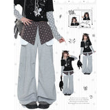 MJMTシリーズ｜スター柄 レイヤード風 ワイドパンツ 秋 ハイウエスト ゆったり グレー S/M/L