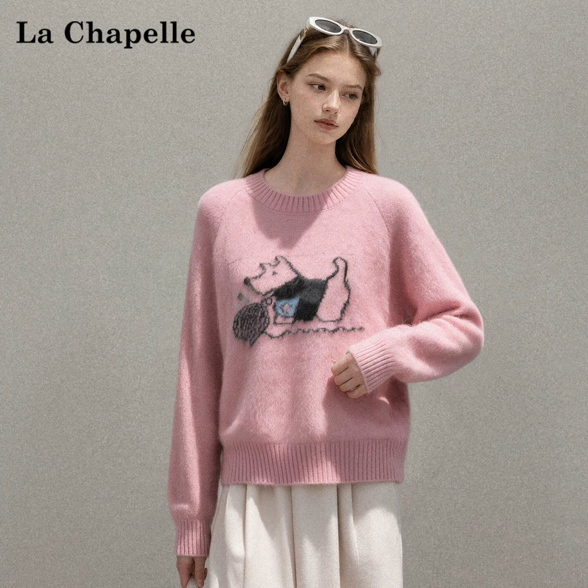 LaCシリーズ｜犬柄ジャカード クルーネックニットプルオーバー｜ピンク ラグランスリーブ ゆったり S〜L