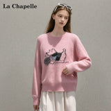 LaCシリーズ｜犬柄ジャカード クルーネックニットプルオーバー｜ピンク ラグランスリーブ ゆったり S〜L