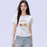 下集シリーズ｜ネイビー フルーツキャラクタープリント 半袖Tシャツ｜正肩 スリム 短め丈 2カラー S〜XL