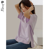 左品シリーズ｜コットン Aラインロング丈Tシャツ｜肩つなぎ半袖 サイドスリット ゆったり クリーム・ライラック・ピンク M〜XL