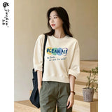 左品シリーズ｜コットン クルーネック 中袖Tシャツ｜ショート丈 ゆったり ロゴプリント（iR）13柄 M〜XL