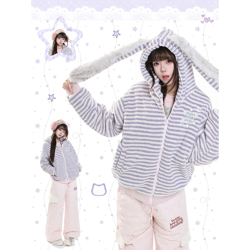 MJMTシリーズ｜うさ耳 フード付き ボーダー ボア 中綿ジャケット／ポケット付き中綿パンツ 冬 S/M/L