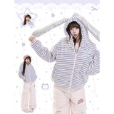 MJMTシリーズ｜うさ耳 フード付き ボーダー ボア 中綿ジャケット／ポケット付き中綿パンツ 冬 S/M/L