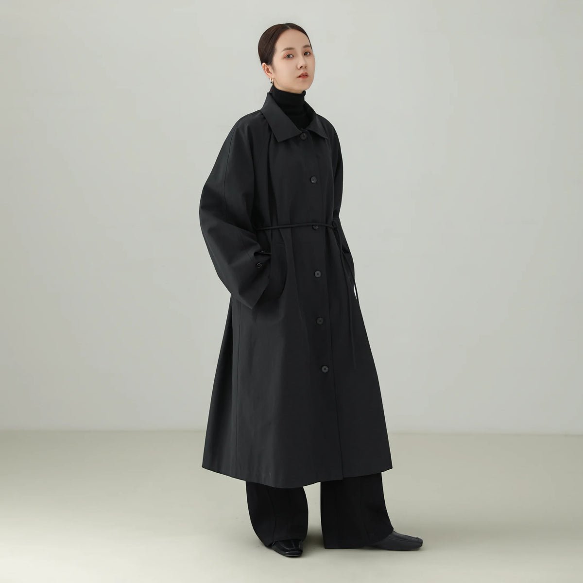 原途シリーズ｜リヨセルコットン ベルト付き ロング丈コート｜ゆったり ブラック・オリーブグリーン S〜XL