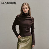LaCシリーズ｜ケープ風 ボタン付き タートルネック ニット｜ゆったり 微伸縮 コーヒーブラウン・ブラック他 全4色 S〜L