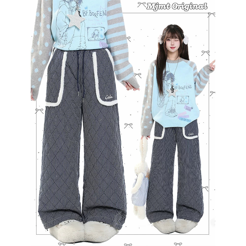 MJMTシリーズ｜チェック柄 ボアポケット 中綿ワイドパンツ ひも付き ゆったり 冬 ダークブルー S〜XL