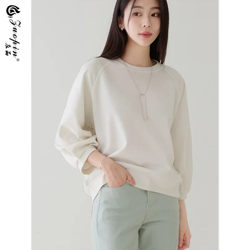左品シリーズ｜コットン ラグラン中袖トップス｜ゆったり ふんわり袖 ショート丈 ホワイト他 全7色 M〜XL