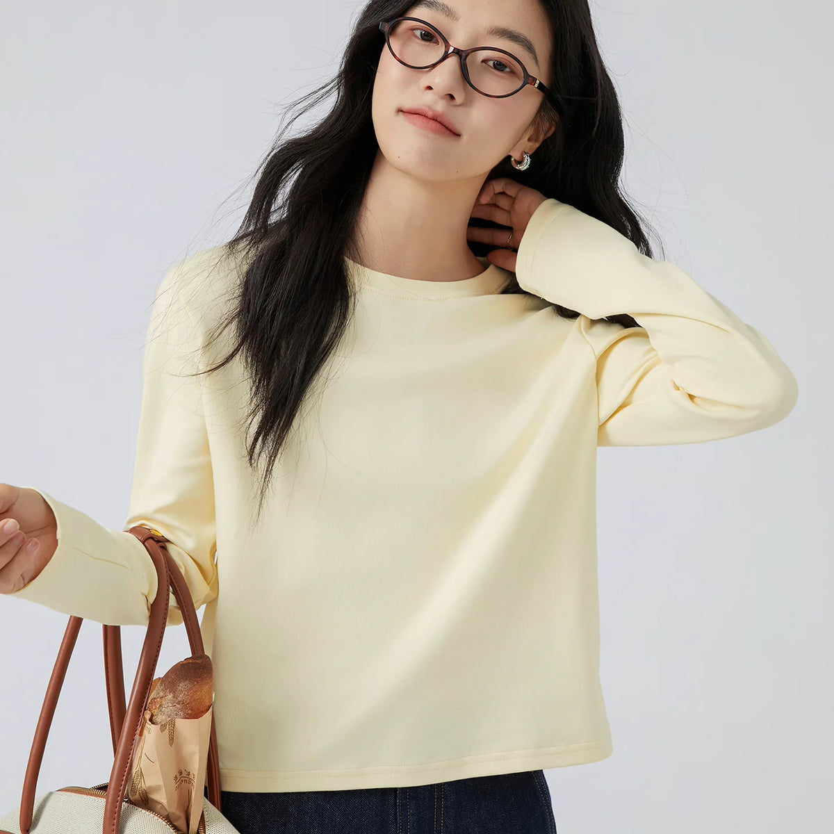 下集シリーズ｜ショート丈 長袖Tシャツ｜クリームイエロー 薄手 インナー向け 綿混 6カラー S〜XL