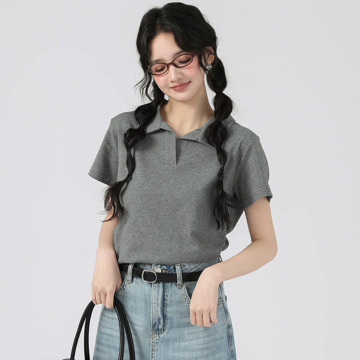 下集シリーズ｜ポロカラー リブ編み 半袖Tシャツ｜短め丈 ヘザーグレー/ロイヤルブルー/ホワイト S〜XL