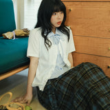 陽光蘿莎シリーズ｜重ね着風 ニットカーディガン×チェックシャツ｜フリル 長袖・半袖 グレー ライトブルー ホワイト S〜XL