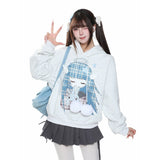 MJMTシリーズ｜エンジェルガール プリント フード付き スウェットパーカー ポンポン 秋 ブラック/オフホワイト S/M/L/XL